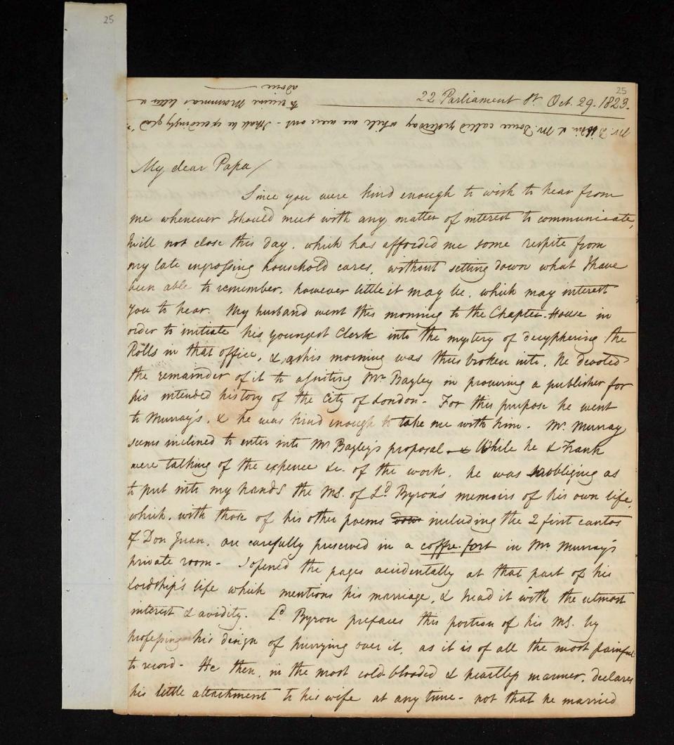 Page one of a letter dated 29 October 1823 describing Lord Byron's memoirs (Trinity College/PA)