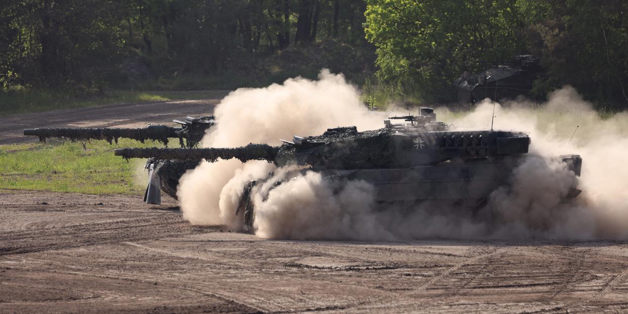 Bundeswehr Leopard 2 A6 heavy tanks participate in a demonstration of capabilities by the Panzerlehrbrigade 9 tank training brigade on June 02, 2021 in Munster, Germany.