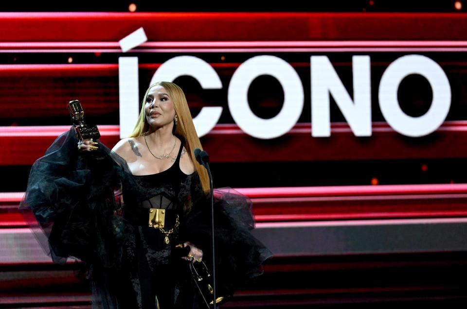 Ivy Queen speaks onstage during the 2023 Billboard Latin Music Awards at Watsco Center on October 05, 2023 in Coral Gables, Florida.