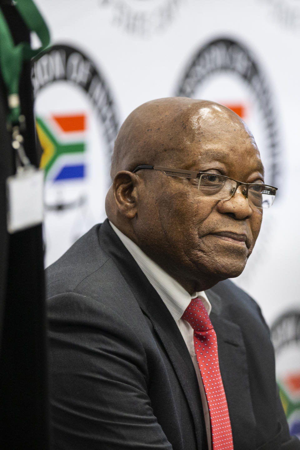 Former South Africa President Jacob Zuma appears before a commission probing allegations of corruption during his tenure as the country's leader as president from 2009 until 2018, in Johannesburg Monday July 15, 2019. Zuma was forced to resign by his ruling African National Congress party over widespread reports of corruption and was replaced by his then deputy Cyril Ramaphosa. (Pool Photo via AP)