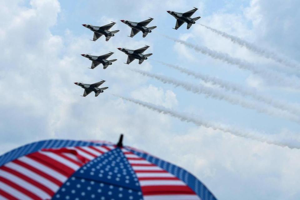 The United States Air Force Thunderbirds flew in formation as on the second and final day of the 2021 Kansas City Airshow at the New Century AirCenter in New Century, Kansas, on the Fourth of July 2021. This year, the Thunderbirds and the Blue Angels performed at the same show, which is rare.