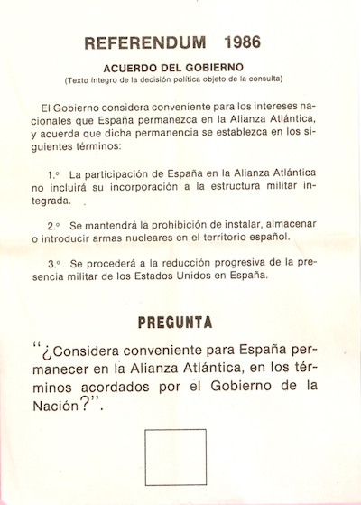 Ballot for the 1986 NATO referendum. <a href="https://commons.wikimedia.org/wiki/File:Papeleta_OTAN_blanco.png" rel="nofollow noopener" target="_blank" data-ylk="slk:Junta Electoral/Wikimedia;elm:context_link;itc:0;sec:content-canvas" class="link ">Junta Electoral/Wikimedia</a>