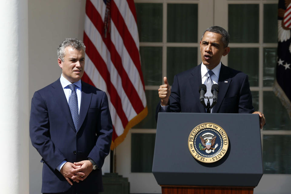 President Barack Obama, accompanied by acting budget director Jeff Zients, speaks about his proposed fiscal 2014 proposed budget in 2013, in the Rose Garden at the White House in Washington. (Charles Dharapak/AP)
