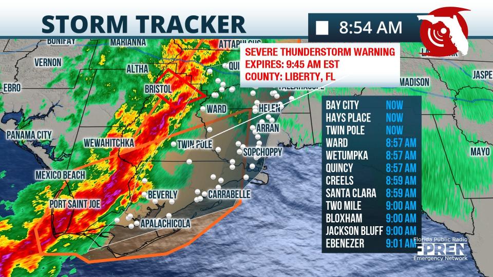 Strong and  severe storms continue to track thru the central Panhandle from Chattahoochee down to Port Saint Joe Jan. 25, 2023.