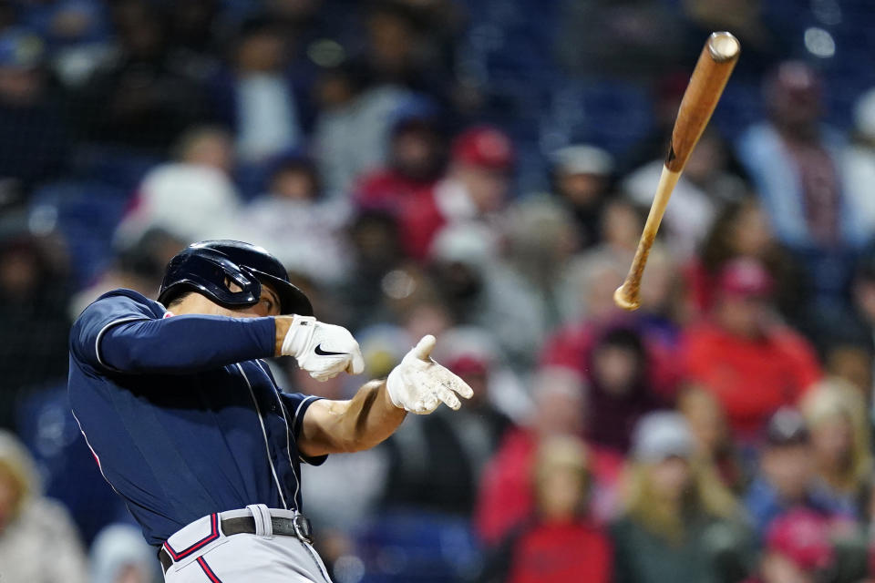 Atlanta Braves' Matt Olson loses his bat on a swing against Philadelphia Phillies pitcher Zach Eflin during the sixth inning of a baseball game, Friday, Sept. 23, 2022, in Philadelphia. (AP Photo/Matt Slocum)