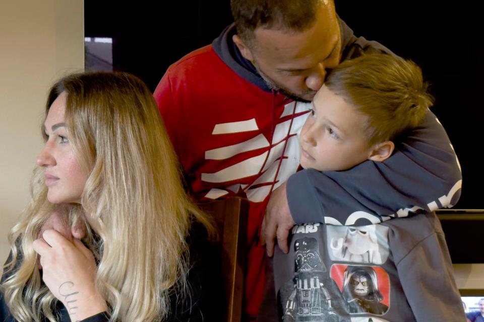 Yuliia Kurta shares a moment with her husband, Andrii, and their son, Seva. The refugees from Ukraine are searching for safety and stability in the Conejo Valley.