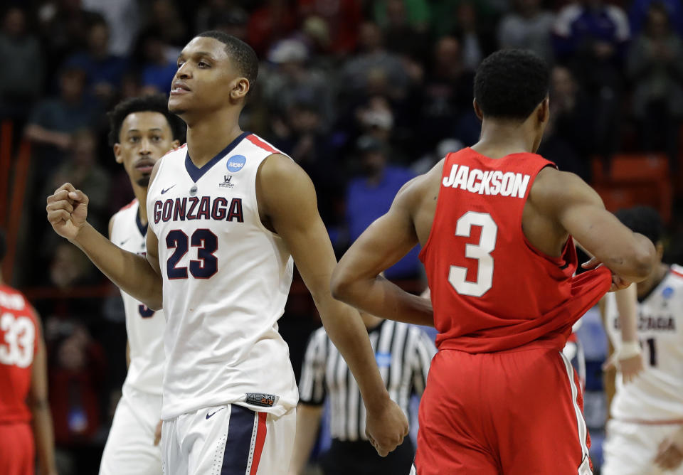 Gonzaga guard Zach Norvell Jr. (23) pumps his fist as Ohio State guard C.J. Jackson (3) walks off the court following a second-round game in the NCAA men’s college basketball tournament Saturday, March 17, 2018, in Boise, Idaho. (AP Photo/Otto Kitsinger)