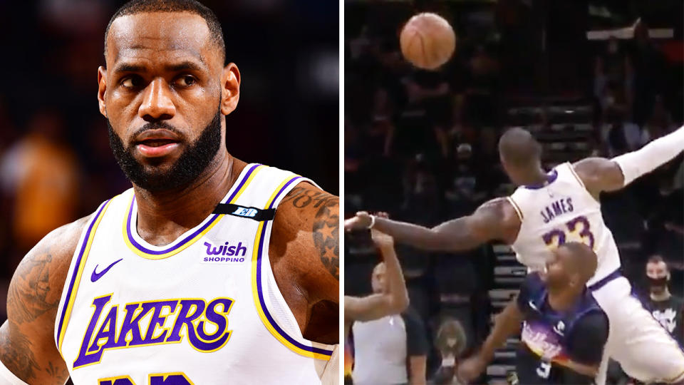 LeBron James was left shaken up after an 'overly aggressive' box-out from veteran Phoenix guard Chris Paul. Pictures: Getty Images/Twitter