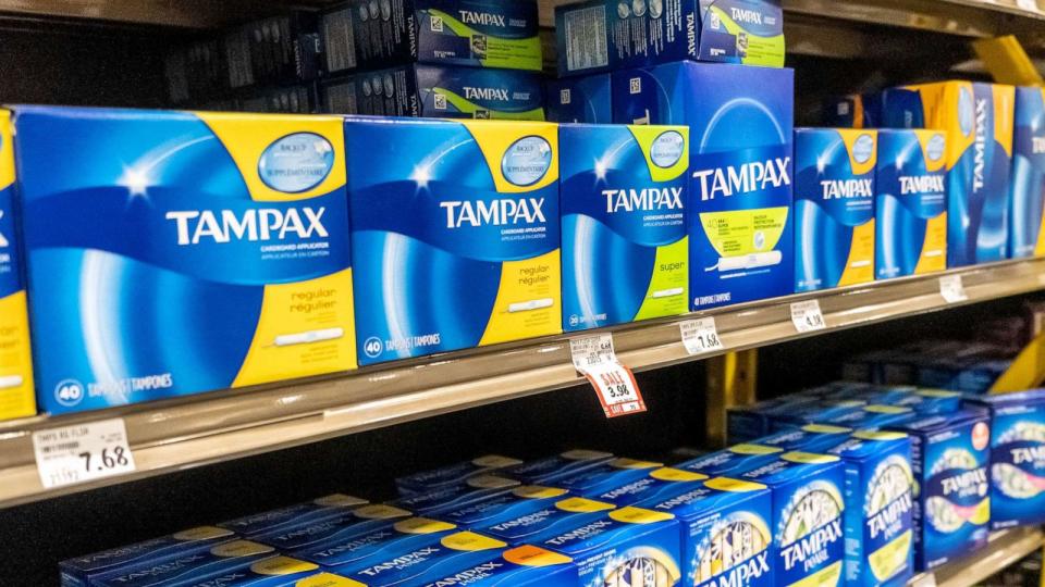 PHOTO: In this Aug. 16, 2019, file photo, boxes of tampons are shown on a supermarket shelf in Los Angeles. (Calimedia via Shutterstock, FILE)