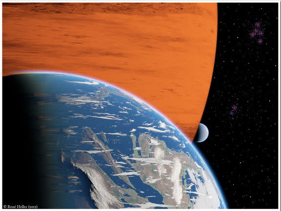 Artist’s conception of two extrasolar moons orbiting a giant gaseous planet.