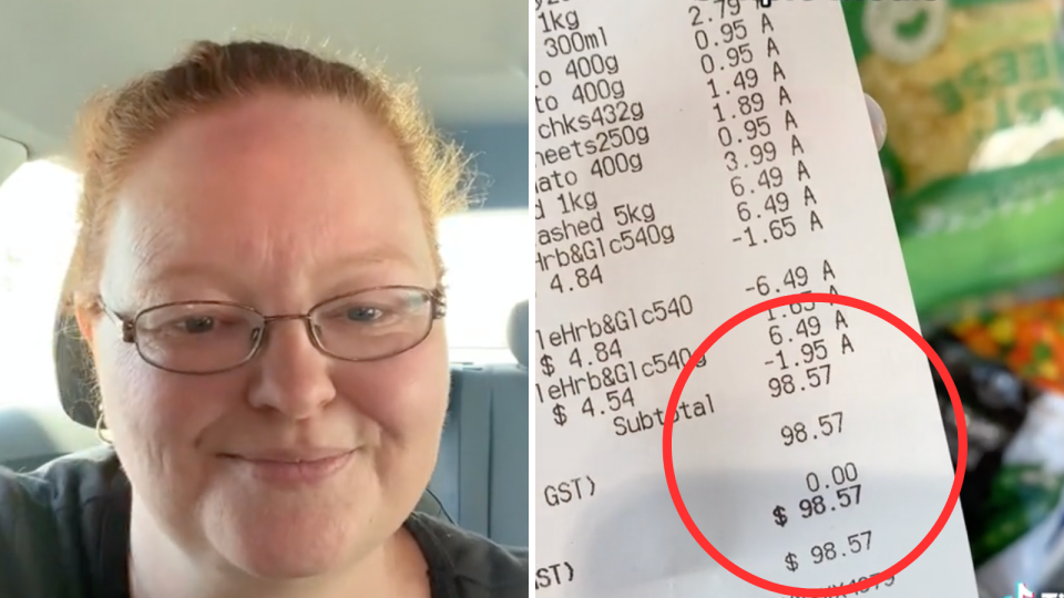 A composite image of the Frugal Fun Mum on TikTok and a copy of her Aldi grocery receipt.