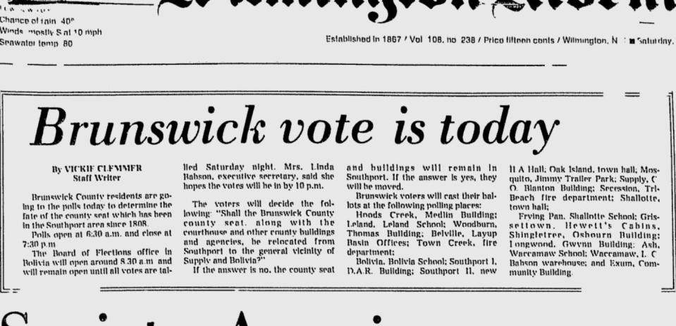 The Wilmington Morning Star on July 19, 1975, previewing the vote to move the Brunswick County seat from the Southport area to Bolivia.