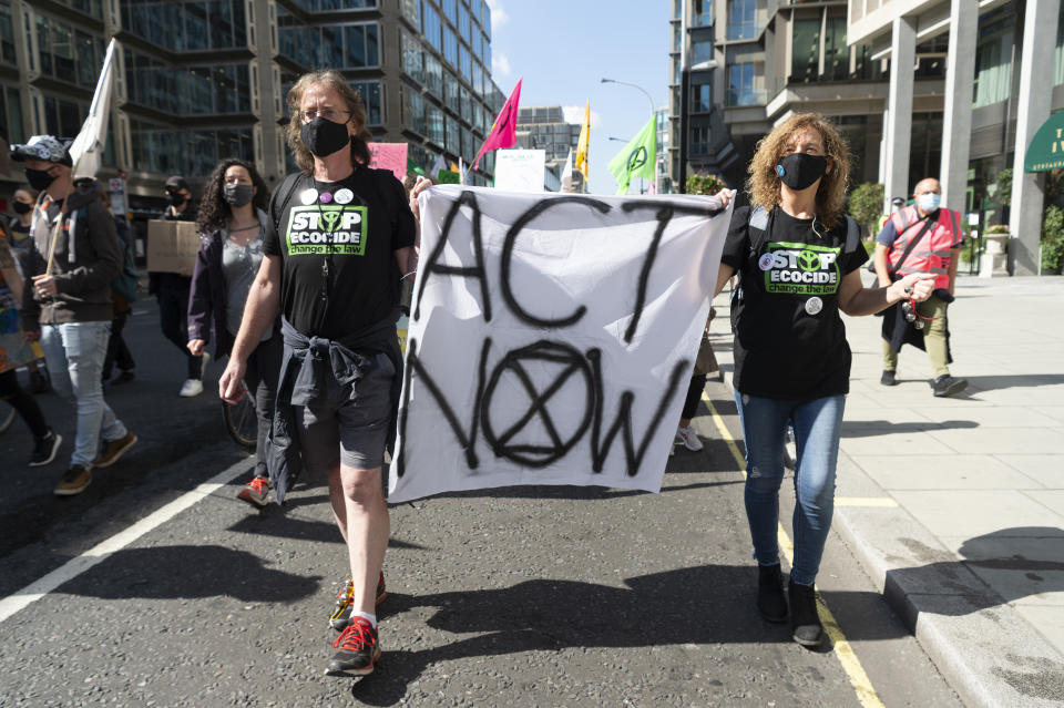 LONDON, UNITED KINGDOM - SEPTEMBER 01: Extinction Rebellion protesters take part in a demonstration in Westminster in London, United Kingdom on September 01, 2020. The group are calling for MPs to support The Climate and Ecological Emergency Bill (CEE Bill). (Photo by Stringer/Anadolu Agency via Getty Images)