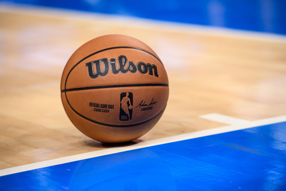 Oct 17, 2023; Oklahoma City, Oklahoma, USA; A detailed view of the game ball resting on the court during a time out in the Milwaukee Bucks at Oklahoma City Thunder at Paycom Center. Mandatory Credit: Rob Ferguson-USA TODAY Sports