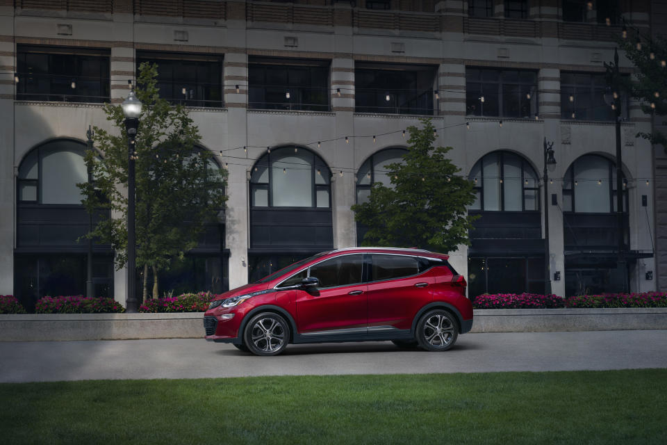 This undated photo from General Motors shows the 2021 Chevrolet Bolt, an all-electric vehicle with 259 miles of estimated range. (Courtesy of General Motors via AP)