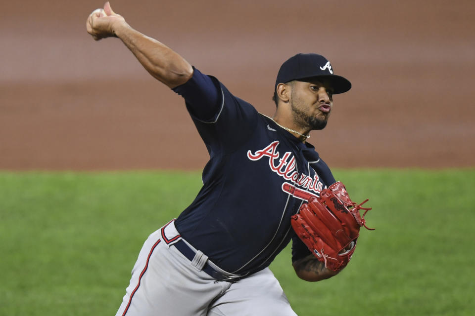 Atlanta Braves' Huascar Ynoa (73) pitches during the second inning of the team's baseball game against the Baltimore Orioles, Tuesday, Sept. 15, 2020, in Baltimore. (AP Photo/Terrance Williams)