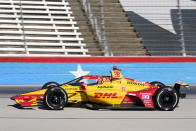 Romain Grosjean speeds towards the finish line during the first practice round of the IndyCar Series auto race at Texas Motor Speedway in Fort Worth, Texas on Saturday, March 19, 2022. (AP Photo/Larry Papke)