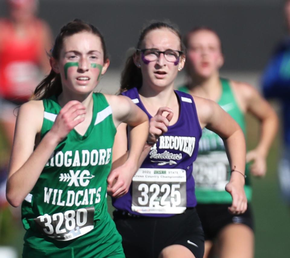 Mogadore's Alana Santiago heads to the finish line in the Girls Div III at the Cross Country State Championships at Fortress Obetz and Memorial Park on Saturday in Obetz..  [Mike Cardew/Akron Beacon Journal]  Photo taken on Monday, Nov. 1, 2022