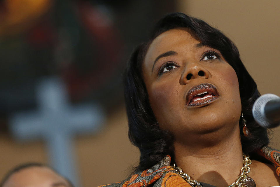 Bernice King speaks during a news conference Thursday, Feb. 6, 2014, in Atlanta.at Ebenezer Baptist Church where her father Martin Luther King Jr. preached. King is in a legal battle with her brothers over her father's Bible and Nobel Peace Prize medal. (AP Photo/John Bazemore)