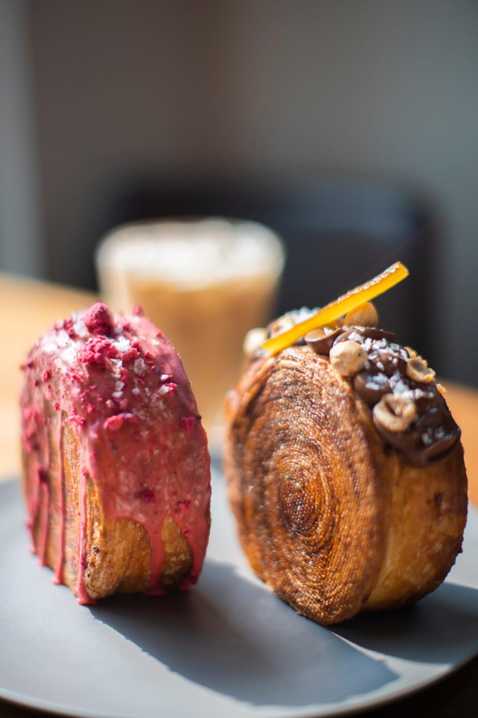 Raspberry and ruby chocolate croissant with a chocolate orange and Nutella croissant at Parable Coffee