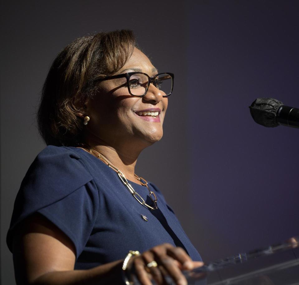 NASA Johnson Space Center Director Vanessa Wyche gives remarks prior to the screening of the NASA produced documentary “The Color of Space” at Howard University’s Cramton Auditorium in Washington, Saturday, June 18, 2022.