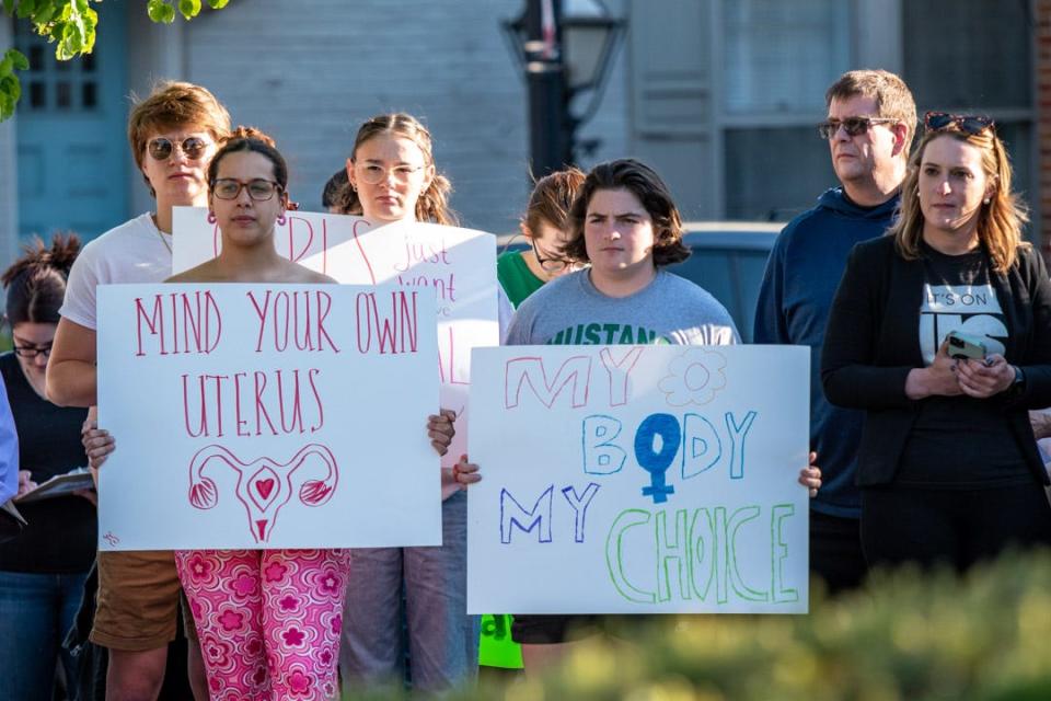 Demonstrators gather for a rally in support of abortion rights in Courthouse Square in Stroudsburg on Monday, May 9, 2022. The Monroe County branch of the NAACP organized the event after a leaked draft revealed the U.S. Supreme Court may overturn its landmark 1973 decision in Roe v. Wade.