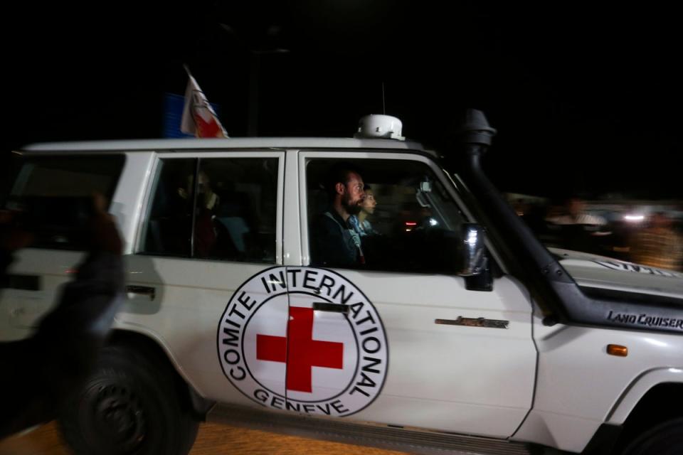 A Red Cross convoy carrying Israeli hostages (AP)