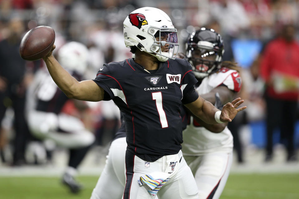 Arizona Cardinals quarterback Kyler Murray (1) throws against the Atlanta Falcons during the first half of an NFL football game, Sunday, Oct. 13, 2019, in Glendale, Ariz. (AP Photo/Ross D. Franklin)