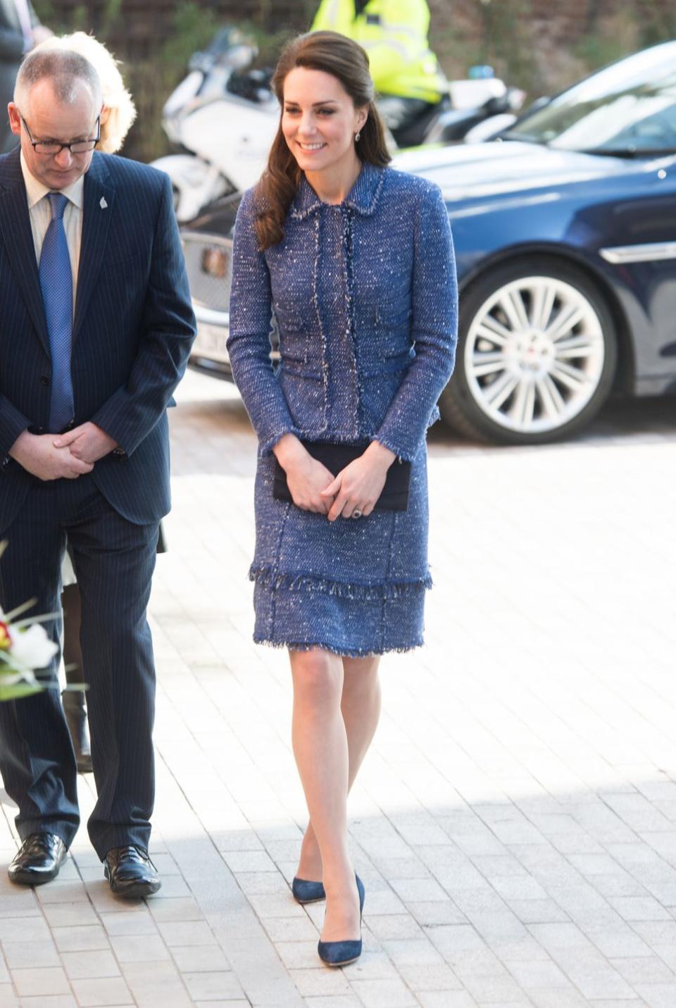 <p>For the the opening of Ronald McDonald House Evelina London, The Duchess of Cambridge wears a blue tweed suit from Rebecca Taylor.</p>