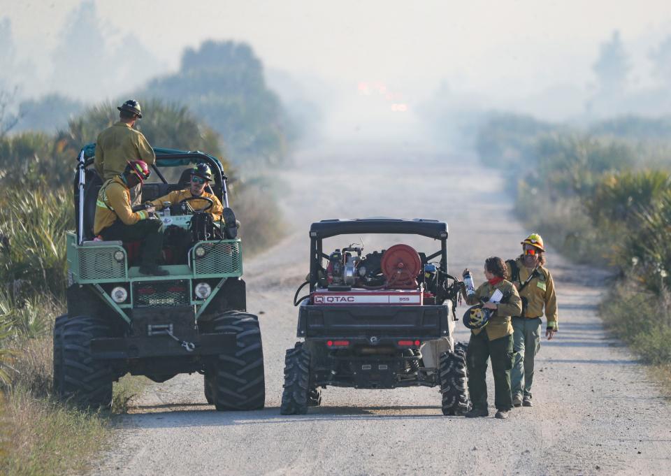 Florida Forest Service crew observe during a prescribed burn at Picayune Strand State Forest in Collier County on Monday, Dec. 19, 2022. Some of the goals of the burn include helping Florida slash pine regeneration and growth, cypress tree protection and improving wildlife foraging. It also improves wildfire safety by reducing hazardous fuel buildup.