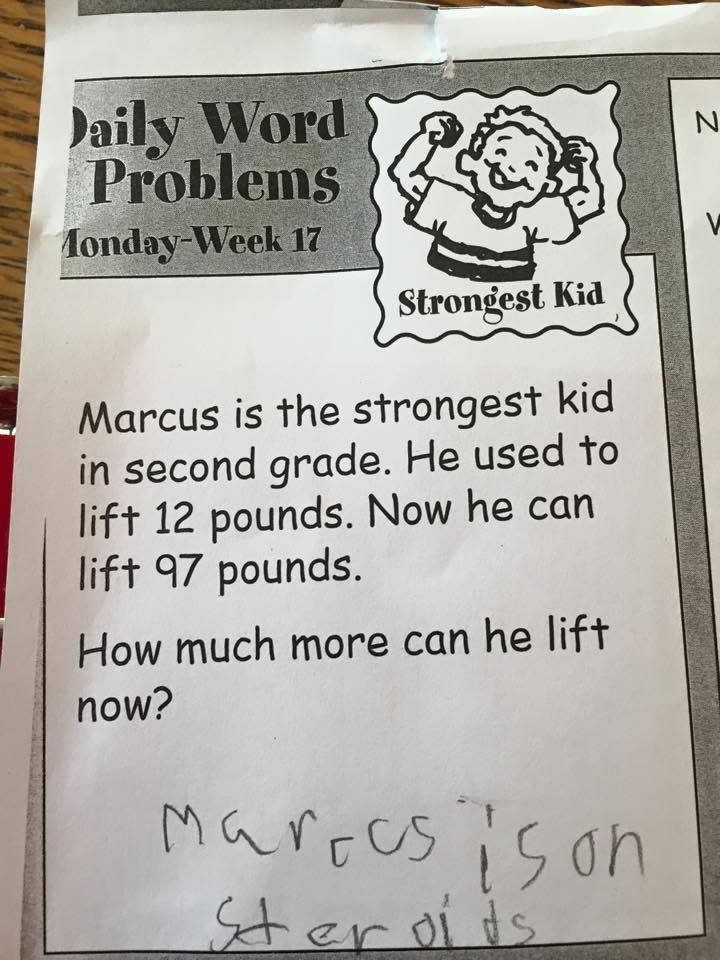 A worksheet titled "Daily Word Problems" features a cartoon of a strong child and a math problem about how much more Marcus, a second grader, can lift now compared to before. A handwritten note at the bottom says, "Marcus is on steroids."