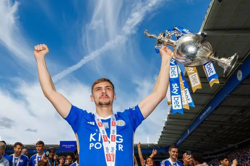 Kiernan Dewsbury-Hall of Leicester City lifts the Championship trophy