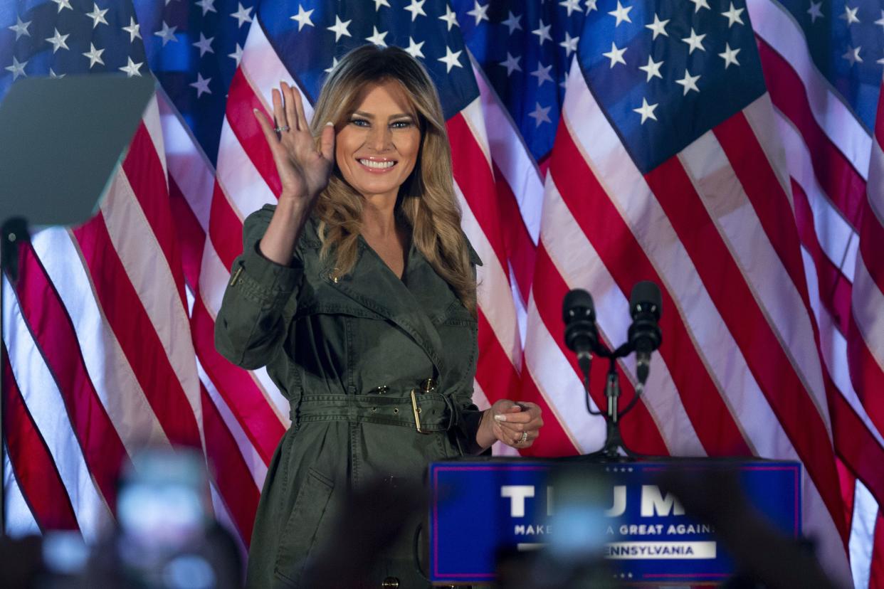 Then-First Lady Melania Trump arrives to speak at a campaign rally on Oct. 27, 2020, in Atglen, Pa. 