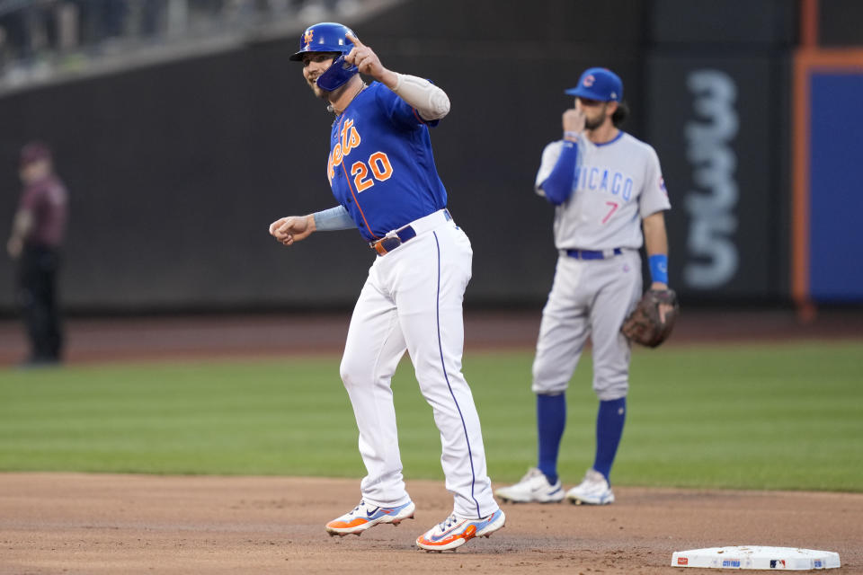 New York Mets' Pete Alonso runs home after hitting a two-run home run off Chicago Cubs starting pitcher Jameson Taillon (50) in the first inning of a baseball game, Tuesday, Aug. 8, 2023, in New York. (AP Photo/John Minchillo)