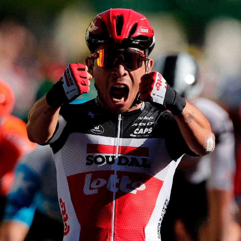 Team Lotto rider Australia’s Caleb Ewan celebrates as he crosses the finish line to win the 3rd stage between Nice and Sisteron.