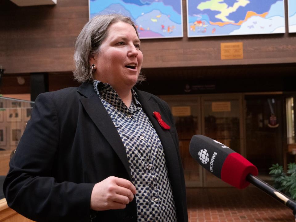 Yukon NDP leader Kate White speaking to reporters (file photo). She says the Yukon has the most progressive dental program in the entire country. "But that doesn't mean anything if people can't get to where they can get that help."