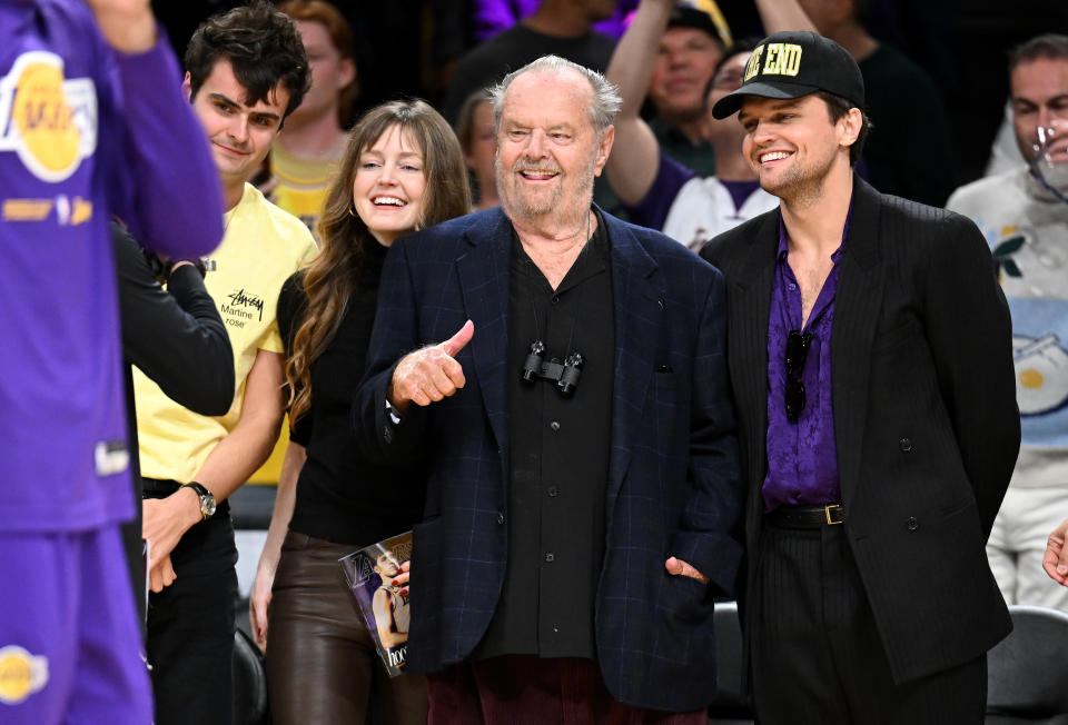 Los Angeles, California  April 28, 2023-Actor Jack Nicholson smiles before a Lakers and Grizzlies matchup in Game 6 of the NBA playoffs at Crypto.com arena Friday. No foul was called on the play. (Wally Skalij/Los Angeles Times via Getty Images)