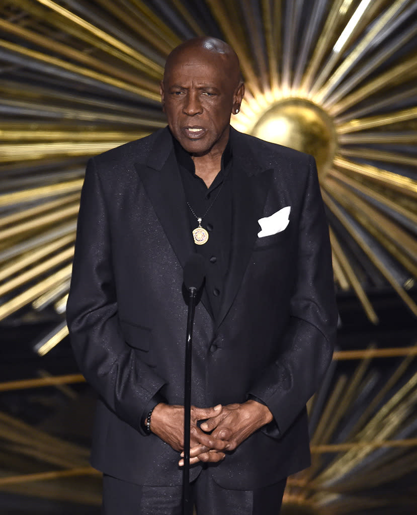 Louis Gossett Jr. introduces the in memoriam tribute at the Oscars on Sunday, Feb. 28, 2016, at the Dolby Theatre in Los Angeles. 