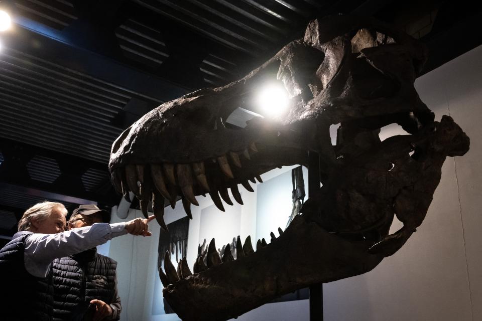 Bidders are seen next to a picture of 'Trinity' after the April 18, 2023 sale of the Tyrannosaurus-Rex (T-Rex) skeleton by Koller auction house in Zurich. (Photo by Fabrice COFFRINI / AFP) (Photo by FABRICE COFFRINI/AFP via Getty Images)