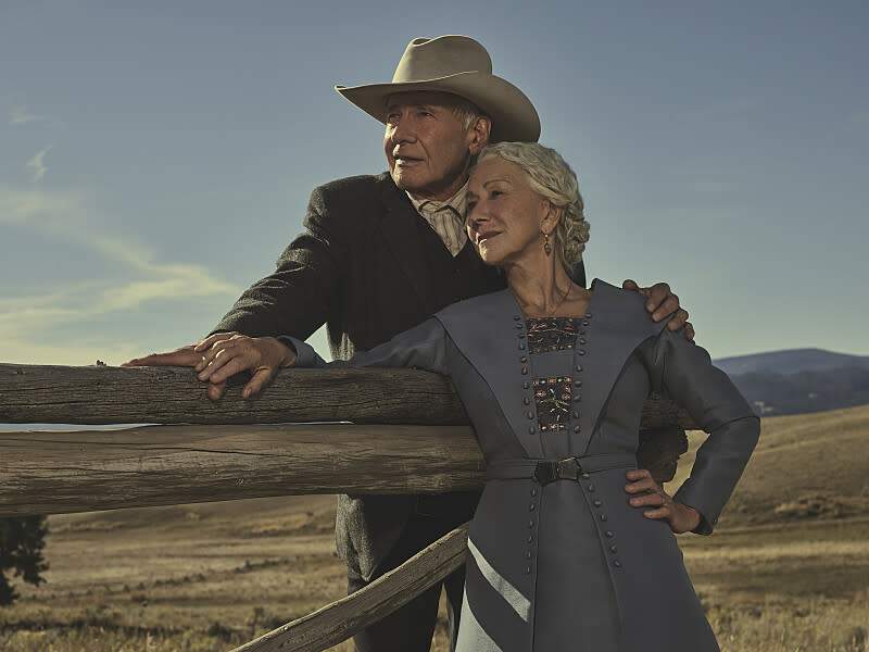 Harrison Ford as Jacob Dutton and Helen Mirren as Cara Dutton in 1923, streaming on Paramount+ 2022. Photo credit: James Minchin III/Paramount+