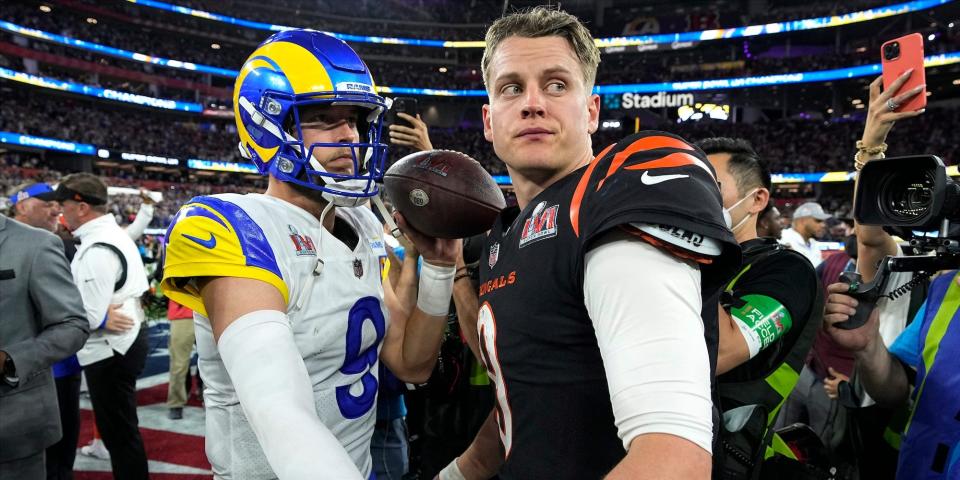 Matthew Stafford and Joe Burrow shake hands after the Super Bowl.