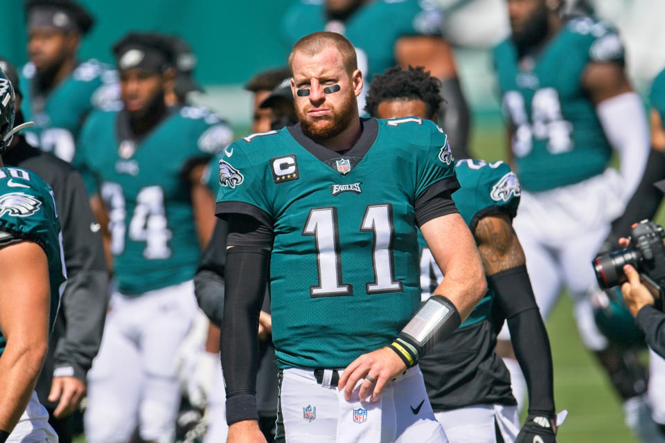 PHILADELPHIA, PA - SEPTEMBER 20: Philadelphia Eagles quarterback Carson Wentz (11) looks on during the game between the Los Angeles Rams and the Philadelphia Eagles on September 20, 2020 at Lincoln Financial Field in Philadelphia, PA. (Photo by Andy Lewis/Icon Sportswire via Getty Images)