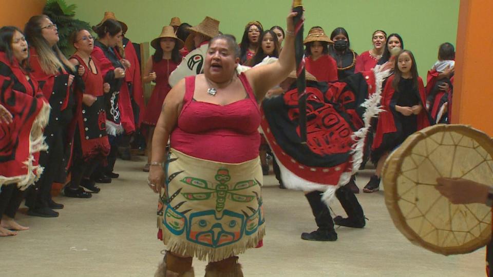 Denise Doolan, head of the Nisga'a Tsamiks Vancouver Traditional Dancers, leads fellow Nisga'a members in a dress rehearsal ahead of Friday's celebrations.