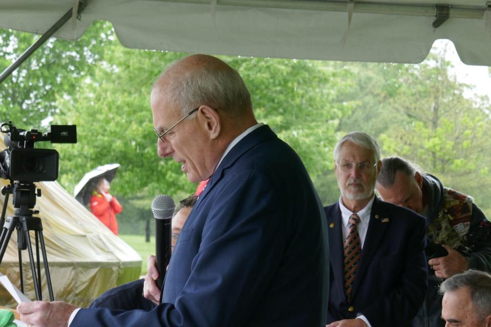 Retired Marine Gen. John Kelly delivers the keynote speech at the dedication of a statue of George Washington in prayer at the Washington Crossing National Cemetery Saturday.