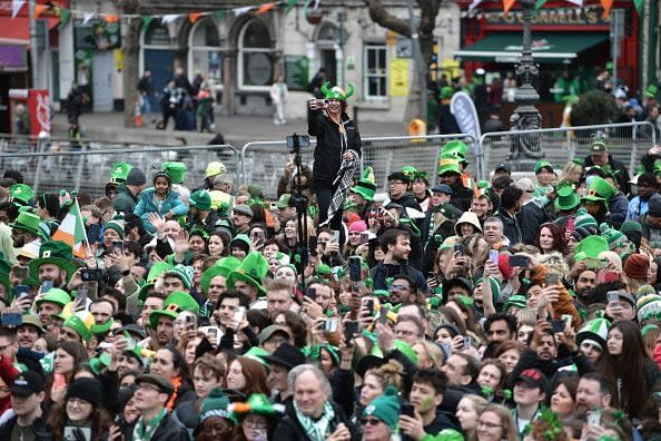 DUBLIN, IRELAND - MARCH 17: Revellers attend the St Patrick's Day Parade on March 17, 2023 in Dublin, Ireland. 17th March is the feast day of Saint Patrick commemorating the arrival of Christianity in Ireland. (Photo by Charles McQuillan/Getty Images)