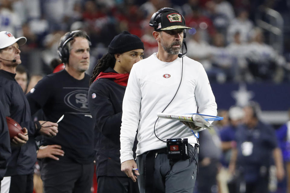 San Francisco 49ers head coach Kyle Shanahan watches during the second half of his team's NFL wild-card playoff football game against the Dallas Cowboys in Arlington, Texas, Sunday, Jan. 16, 2022. (AP Photo/Roger Steinman)