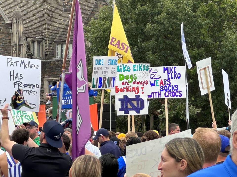 Signs from College Football Gameday before Duke hosts Notre Dame.