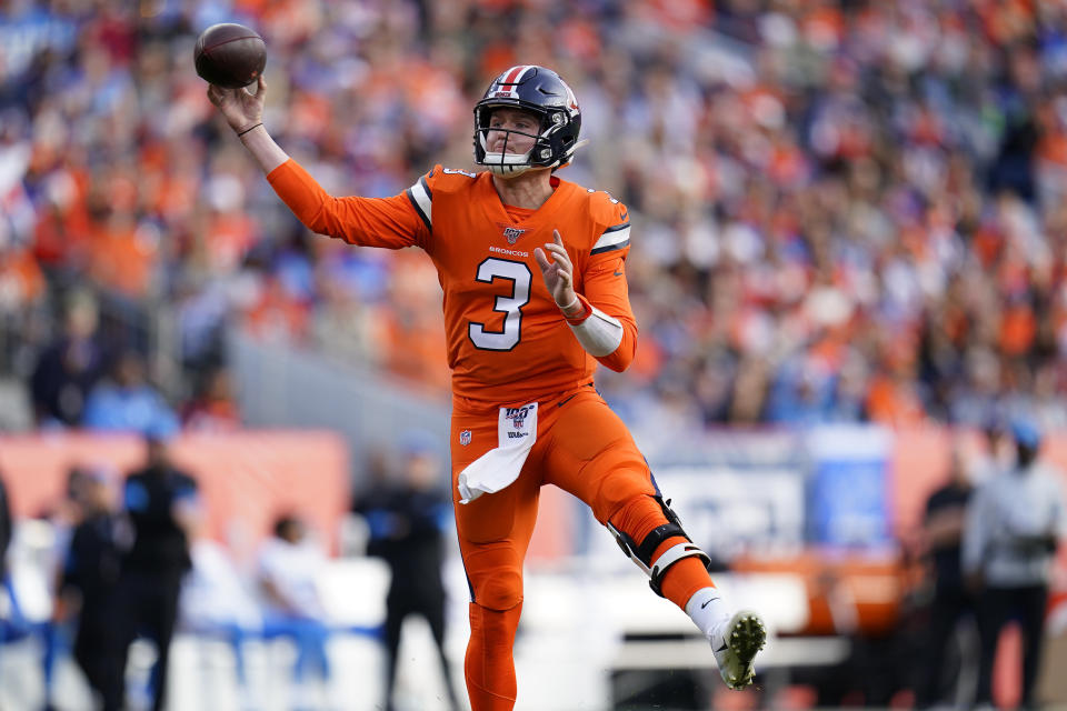 Denver Broncos quarterback Drew Lock (3) throws against the Detroit Lions during the first half of an NFL football game, Sunday, Dec. 22, 2019, in Denver. (AP Photo/Jack Dempsey)