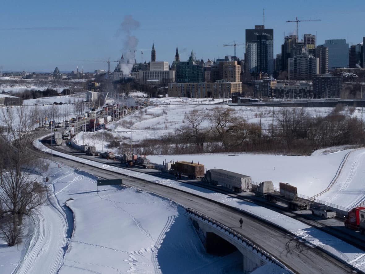 In this drone photo, protest convoy vehicles are parked on the Sir John A. Macdonald Parkway on Jan. 30. The parkway's security was just one of many concerns flagged in emails between the National Capital Commission and the Ottawa Police Service during the month-long demonstrations. (Adrian Wyld/The Canadian Press - image credit)