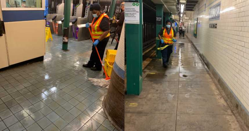 清潔人員趕緊清除積水。（圖／翻攝自推特／@NYCTSubway）